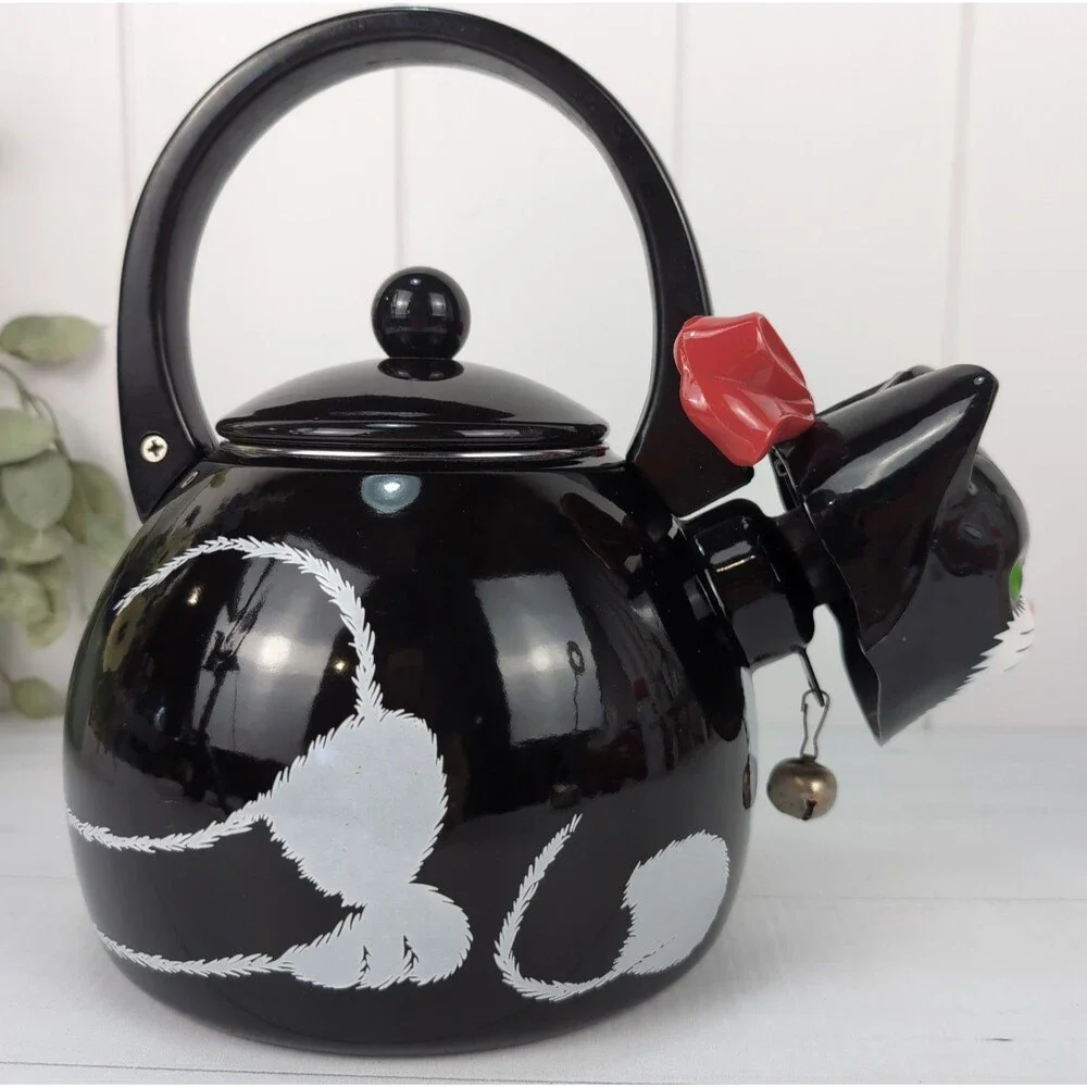 VTG Kitschy Cat Whistling Tea Kettle Black Tuxedo Cat 1990s Ancona Tea Pot